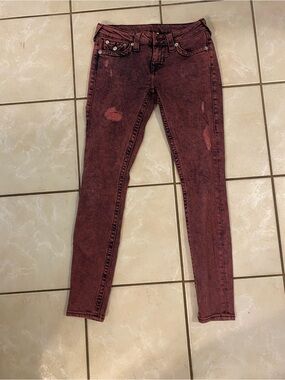 True Religion Super Skinny Distressed Marbled Crimson Wash Jeans Size 26
